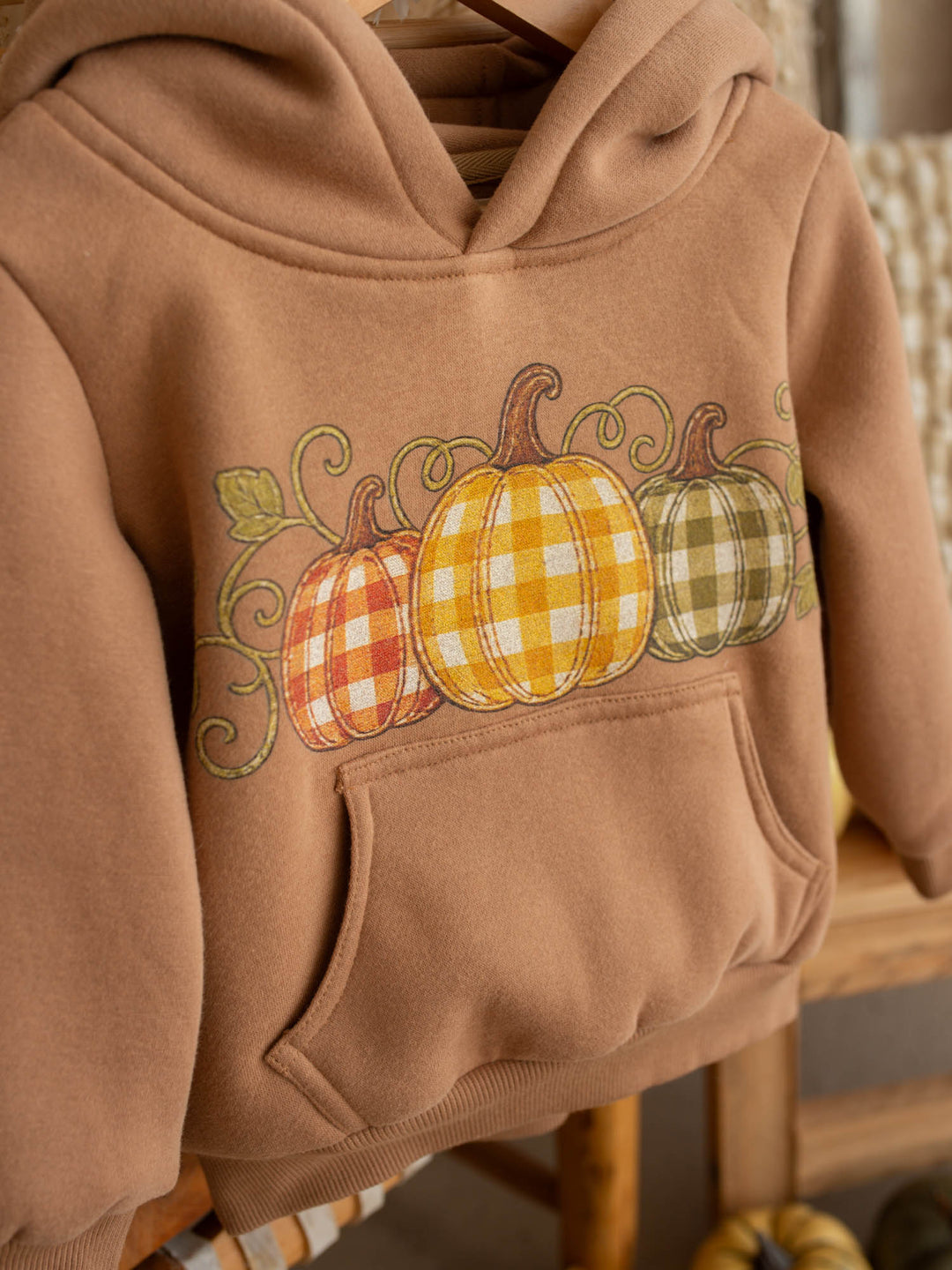 Pumpkin Patch mocha hooded top with pumpkin plaid print - Before & Ever Kids