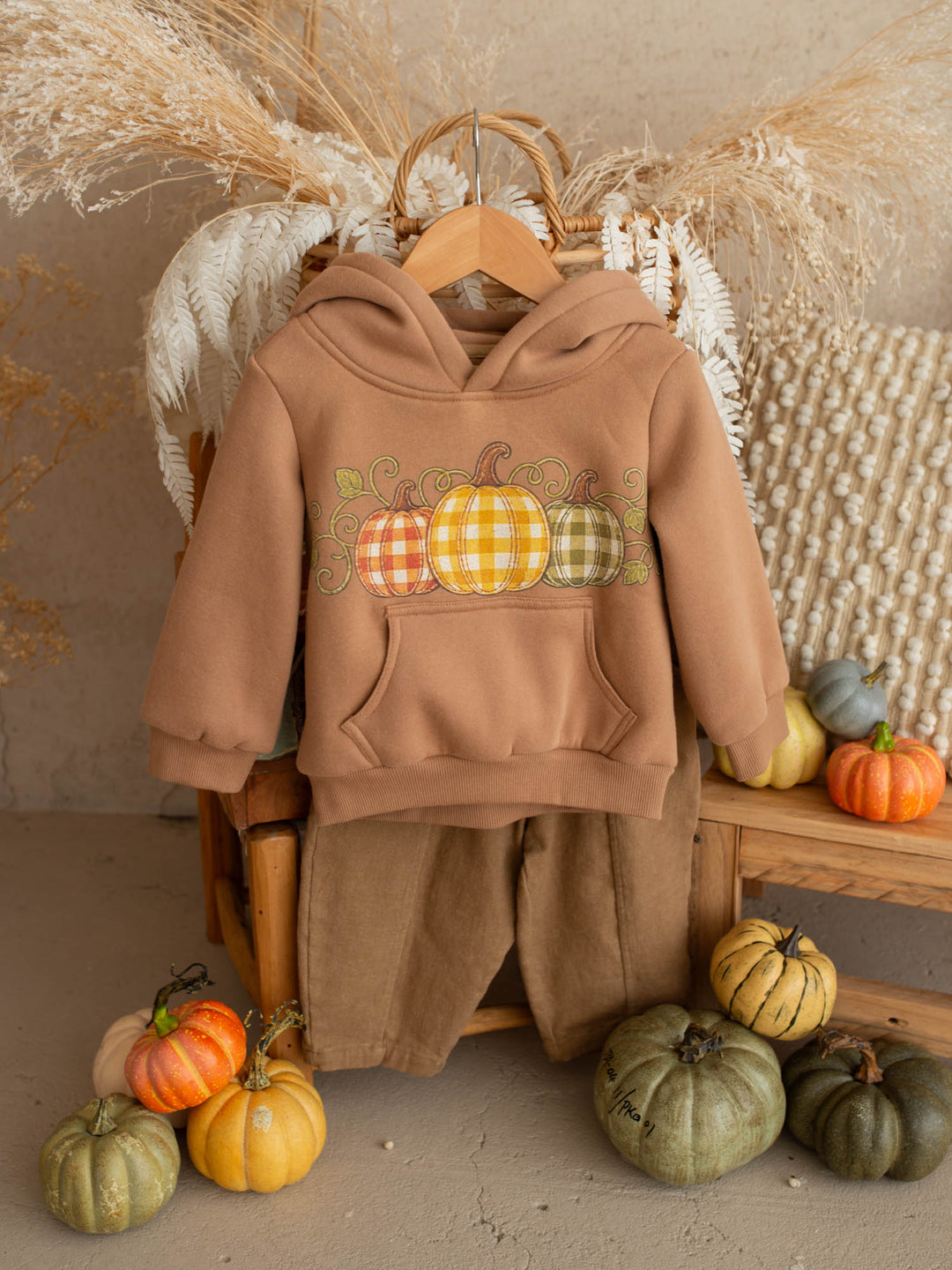 Pumpkin Patch mocha hooded top with pumpkin plaid print - Before & Ever Kids