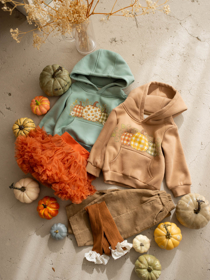 Pumpkin Patch mocha hooded top with pumpkin plaid print - Before & Ever Kids