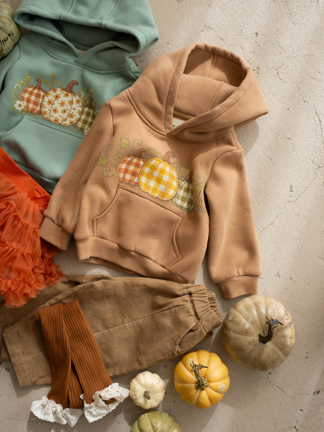 Pumpkin Patch mocha hooded top with pumpkin plaid print - Before & Ever Kids