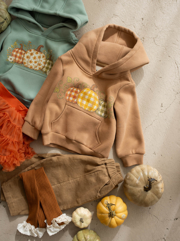 Pumpkin Patch mocha hooded top with pumpkin plaid print - Before & Ever Kids