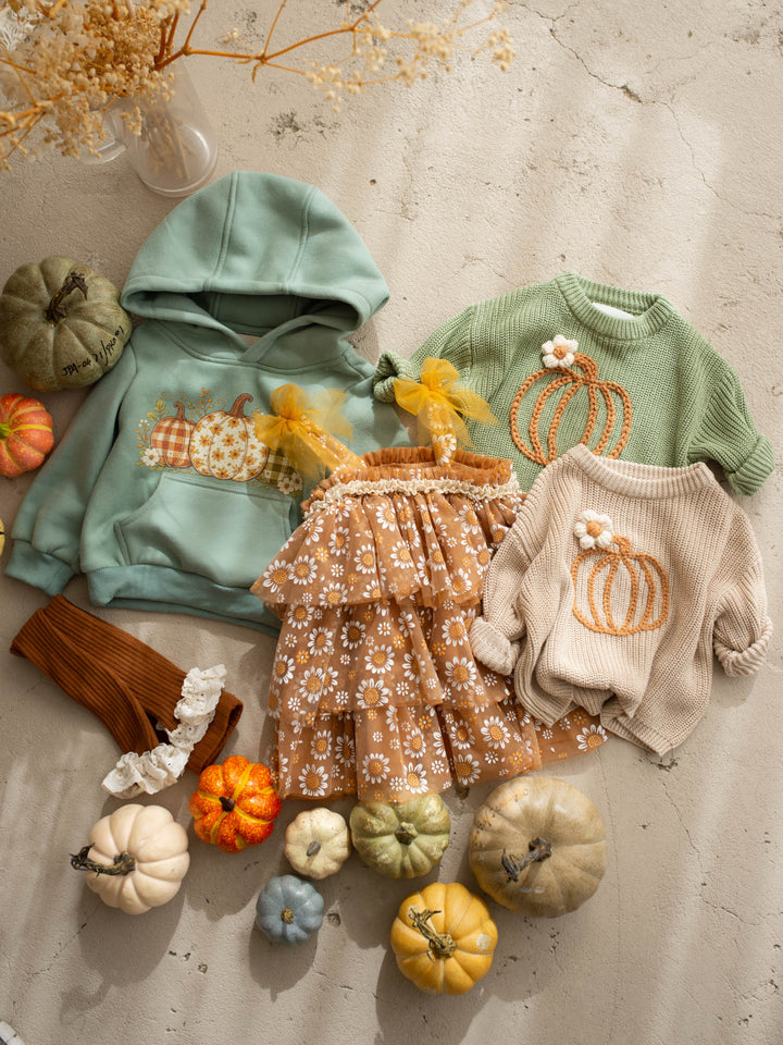 Pumpkin Patch sage hooded top with three-pumpkin print - Before & Ever Kids