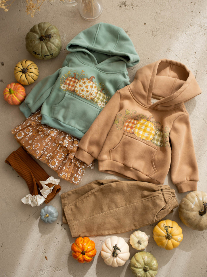 Pumpkin Patch sage hooded top with three-pumpkin print - Before & Ever Kids