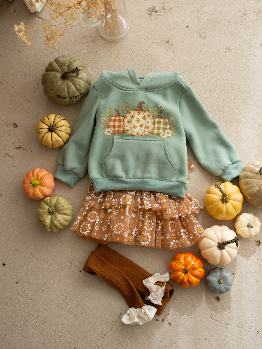 Pumpkin Patch sage hooded top with three-pumpkin print - Before & Ever Kids