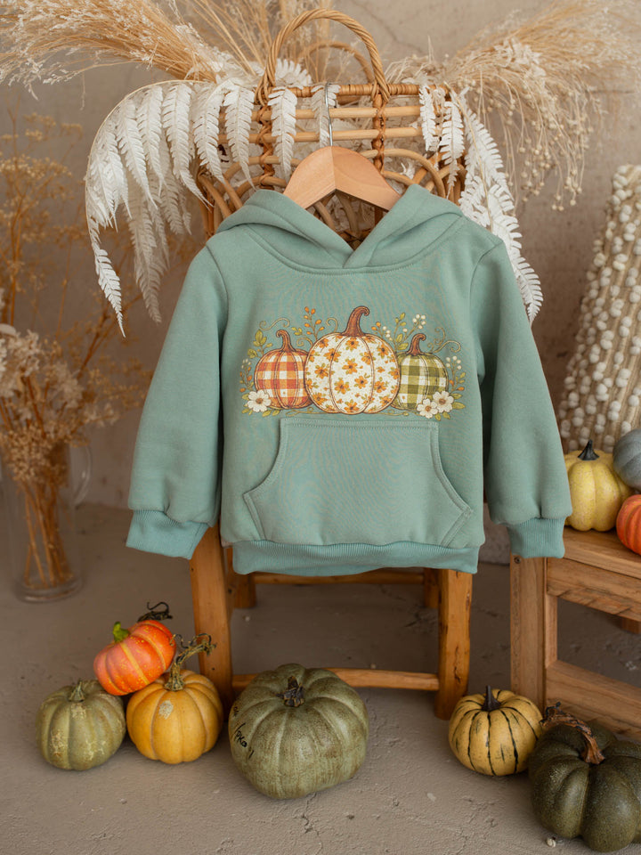Pumpkin Patch sage hooded top with three-pumpkin print - Before & Ever Kids