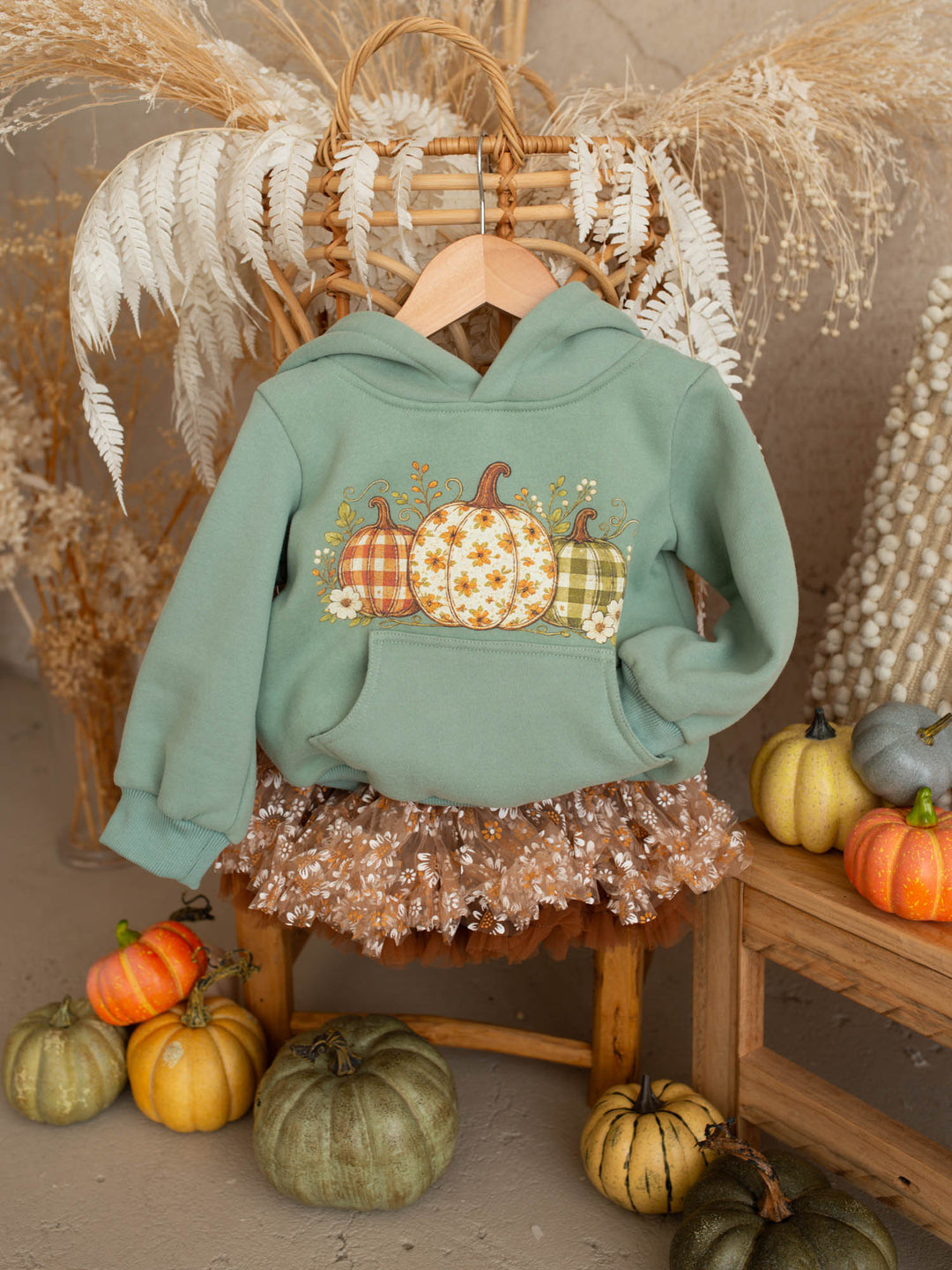 Pumpkin Patch sage hooded top with three-pumpkin print - Before & Ever Kids