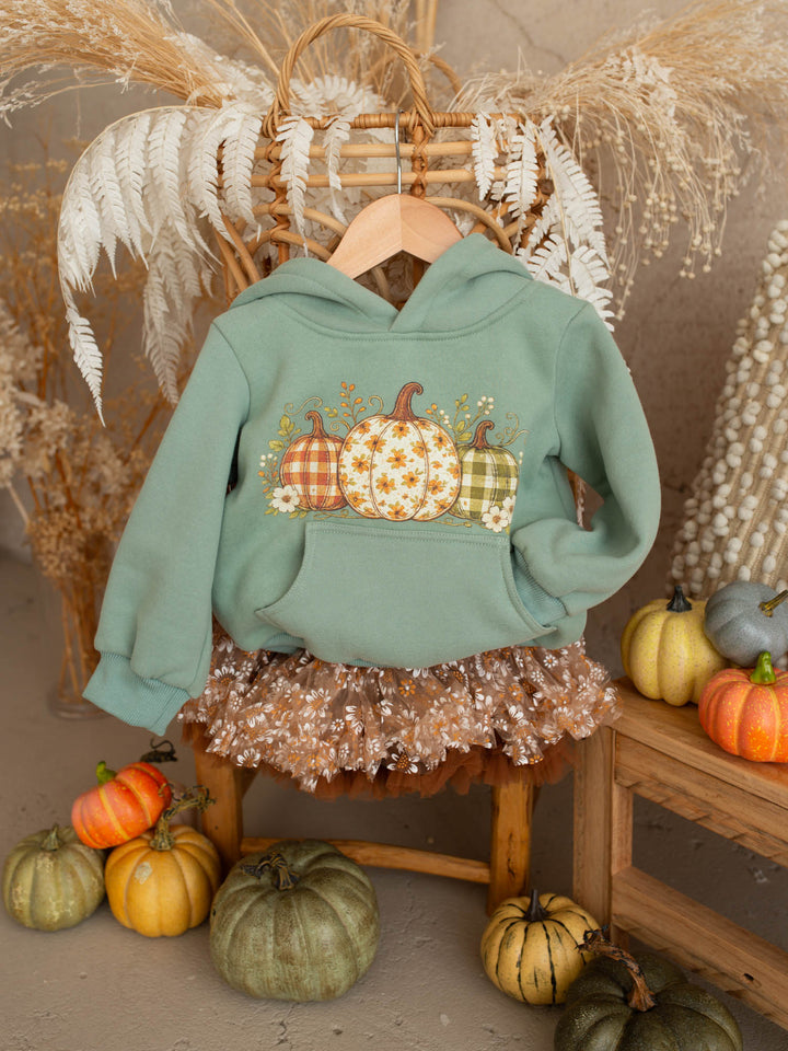Pumpkin Patch sage hooded top with three-pumpkin print - Before & Ever Kids