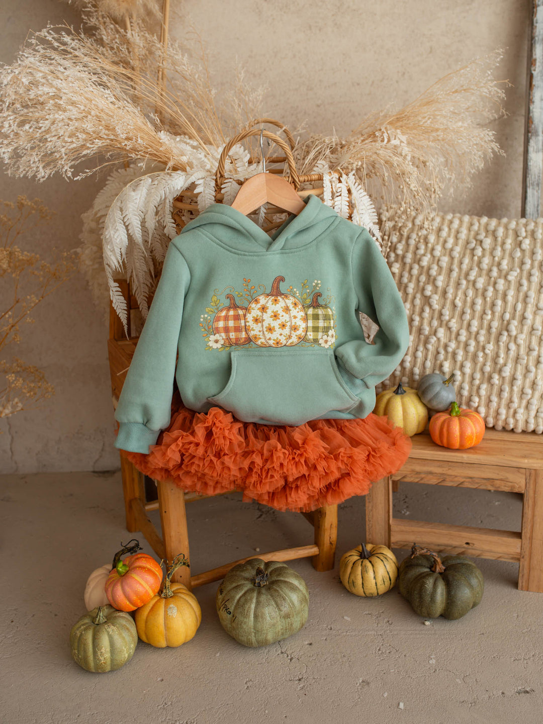 Pumpkin Patch sage hooded top with three-pumpkin print - Before & Ever Kids