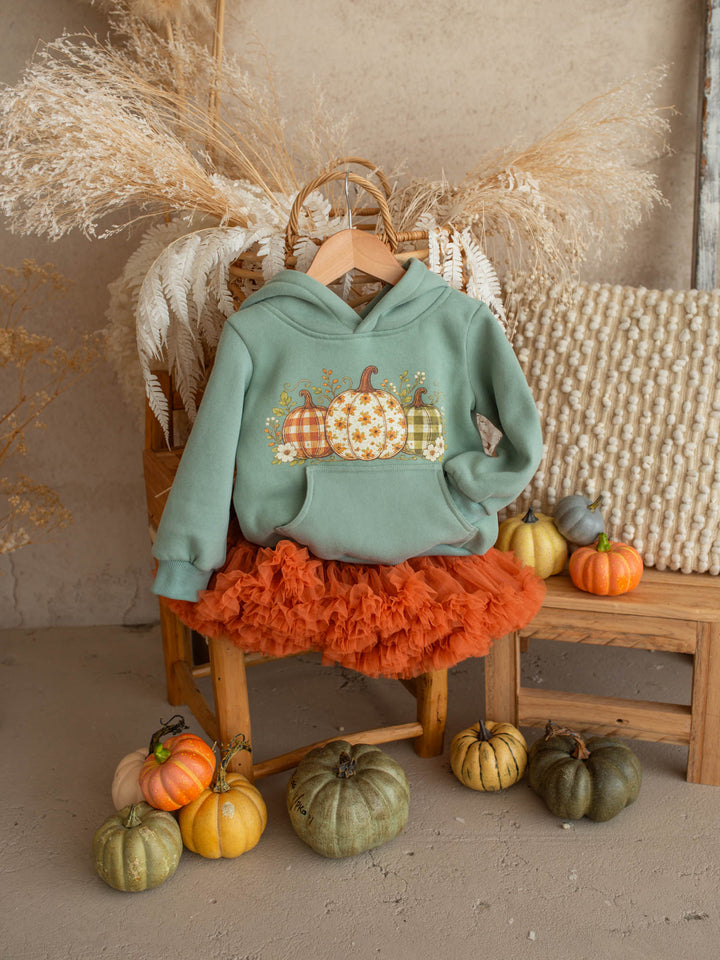 Pumpkin Patch sage hooded top with three-pumpkin print - Before & Ever Kids