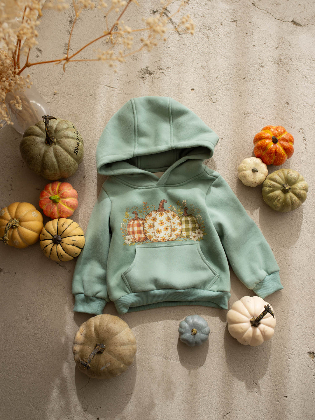 Pumpkin Patch sage hooded top with three-pumpkin print - Before & Ever Kids