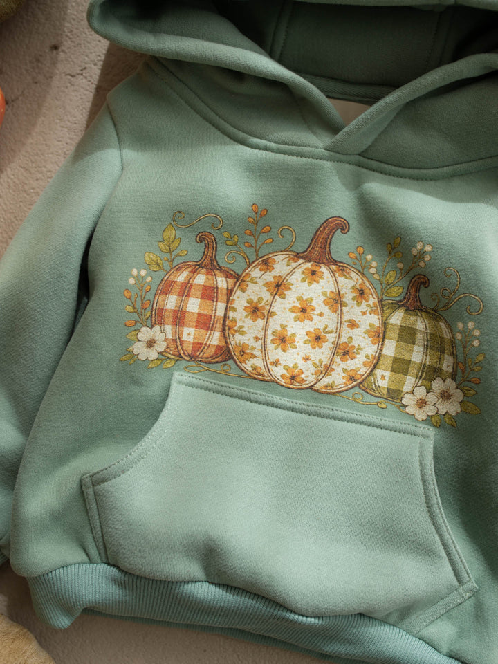 Pumpkin Patch sage hooded top with three-pumpkin print - Before & Ever Kids