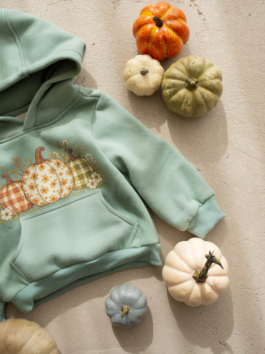 Pumpkin Patch sage hooded top with three-pumpkin print - Before & Ever Kids