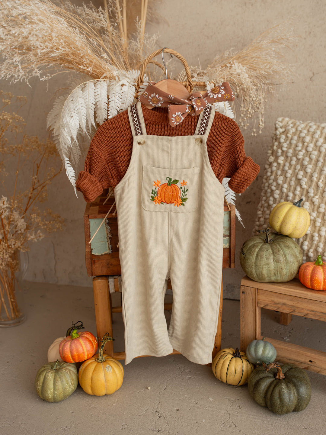 Pumpkin Patch oatmeal cotton corduroy overalls with floral pumpkin embroidery - Before & Ever Kids