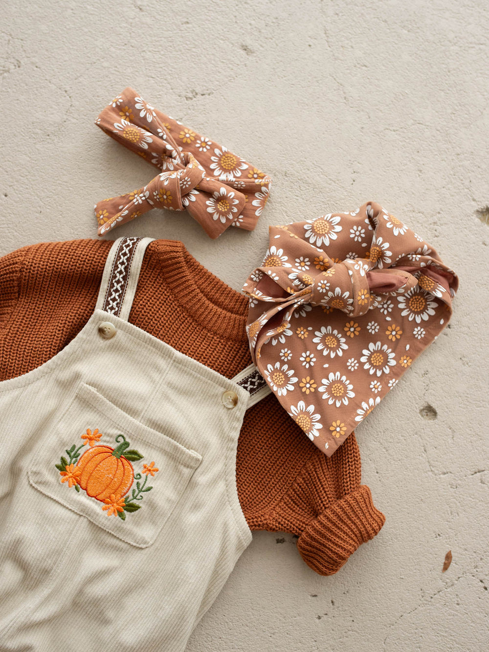 Pumpkin Patch oatmeal cotton corduroy overalls with floral pumpkin embroidery - Before & Ever Kids