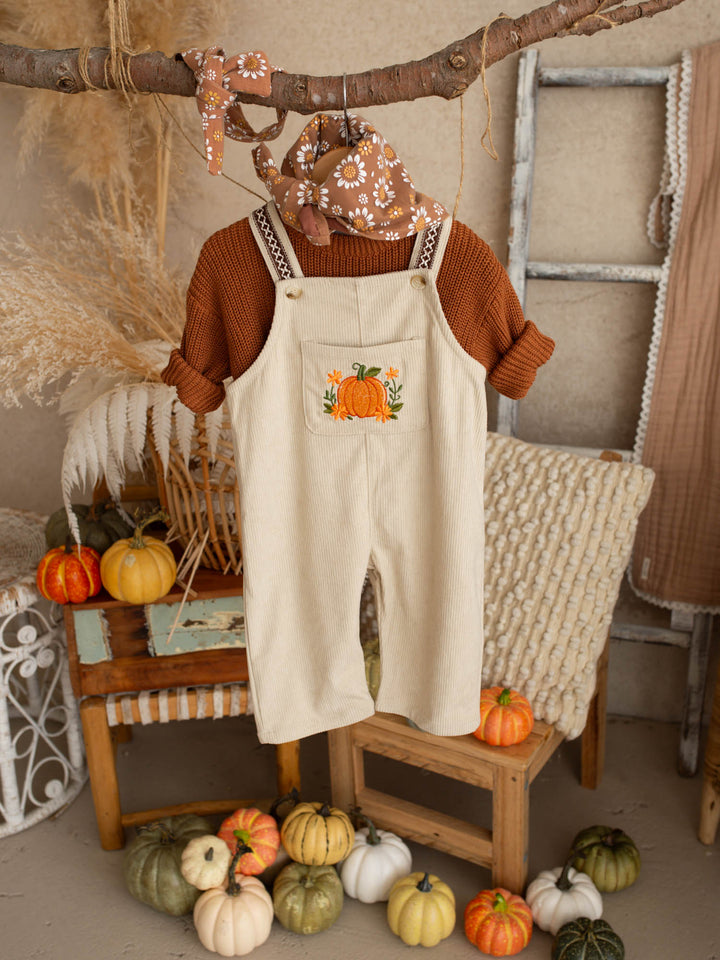 Pumpkin Patch oatmeal cotton corduroy overalls with floral pumpkin embroidery - Before & Ever Kids