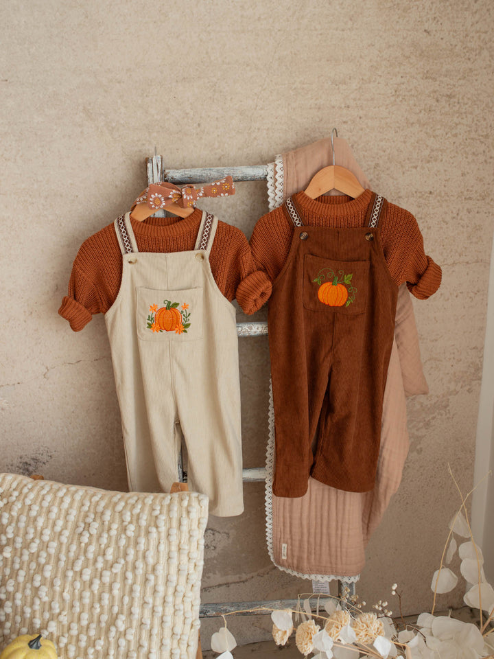 Pumpkin Patch oatmeal cotton corduroy overalls with floral pumpkin embroidery - Before & Ever Kids