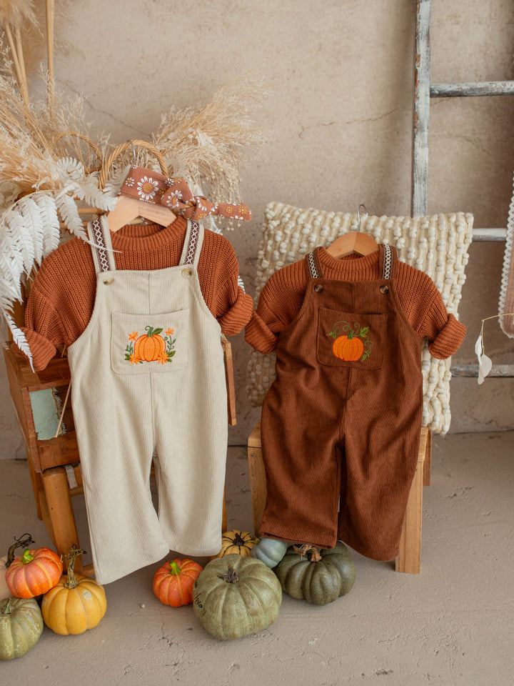 Pumpkin Patch oatmeal cotton corduroy overalls with floral pumpkin embroidery - Before & Ever Kids