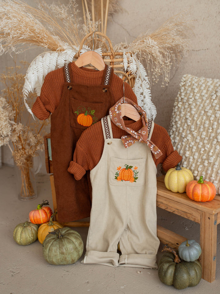 Pumpkin Patch oatmeal cotton corduroy overalls with floral pumpkin embroidery - Before & Ever Kids