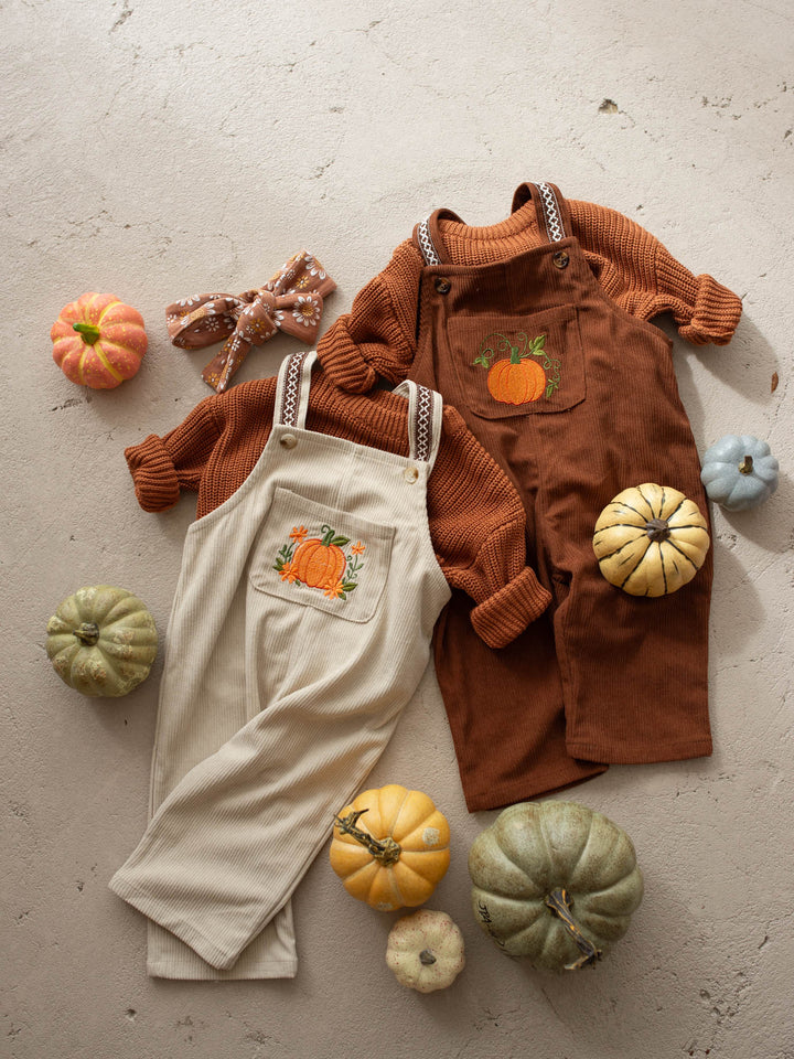 Pumpkin Patch rust cotton corduroy overalls with pumpkin and vine embroidery - Before & Ever Kids