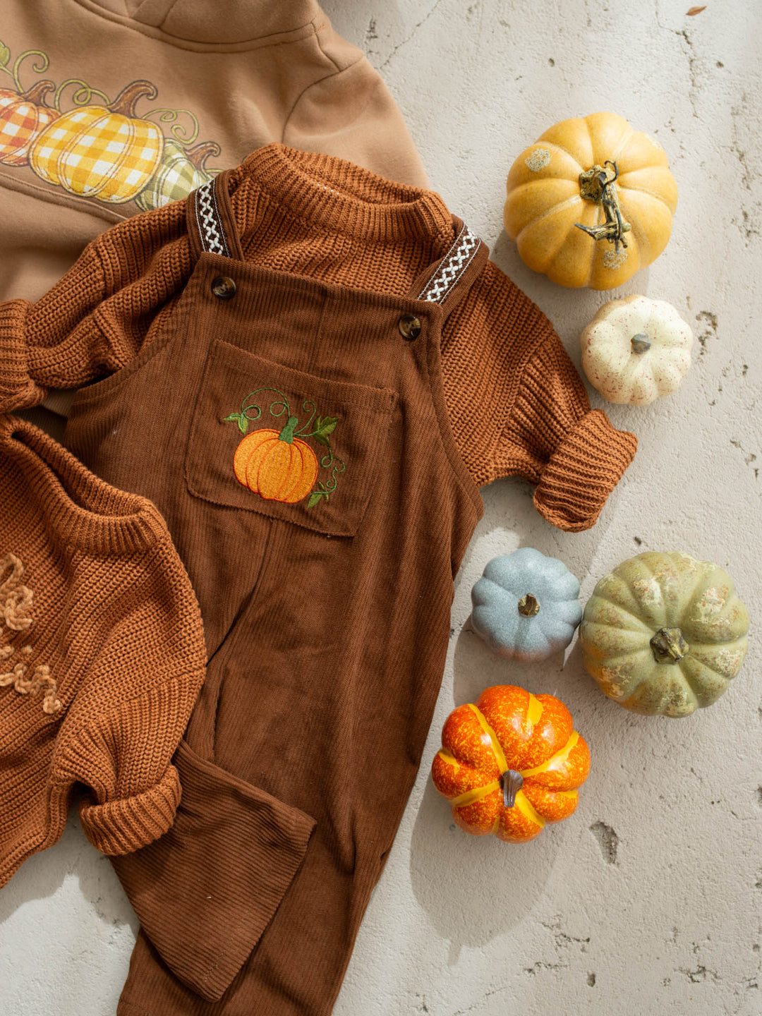 Pumpkin Patch rust cotton corduroy overalls with pumpkin and vine embroidery - Before & Ever Kids