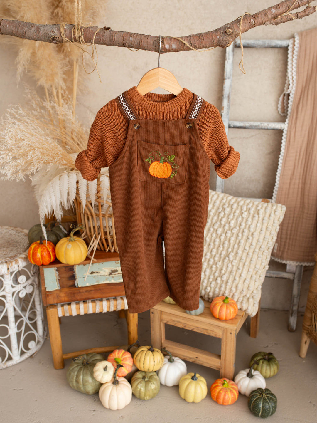 Pumpkin Patch rust cotton corduroy overalls with pumpkin and vine embroidery - Before & Ever Kids