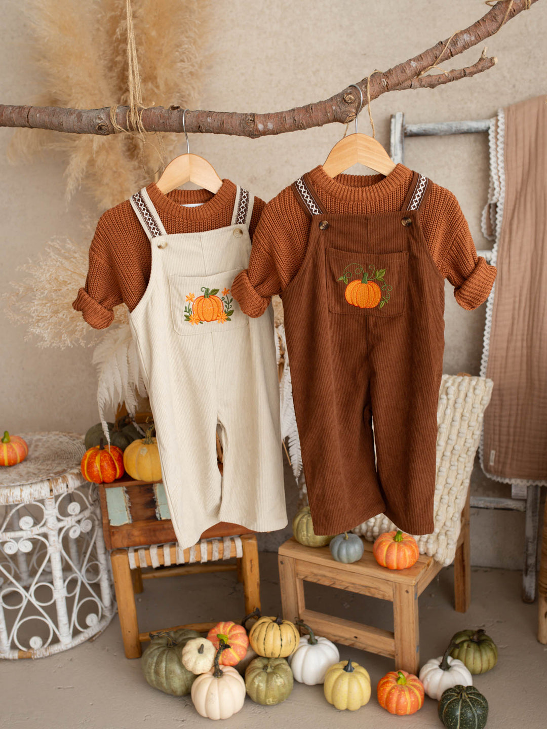 Pumpkin Patch rust cotton corduroy overalls with pumpkin and vine embroidery - Before & Ever Kids