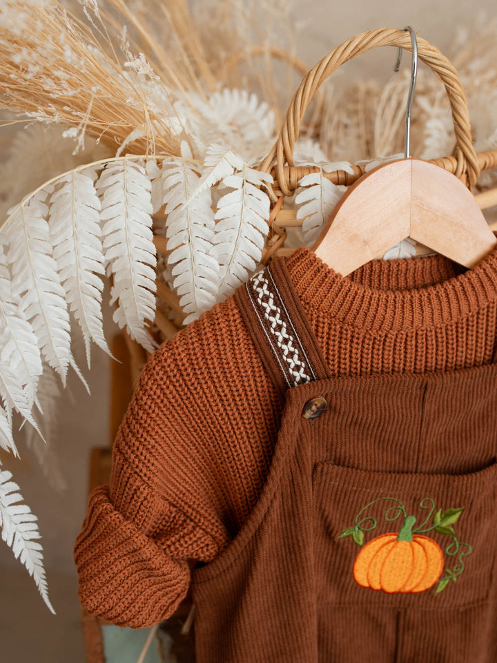 Pumpkin Patch rust cotton corduroy overalls with pumpkin and vine embroidery - Before & Ever Kids