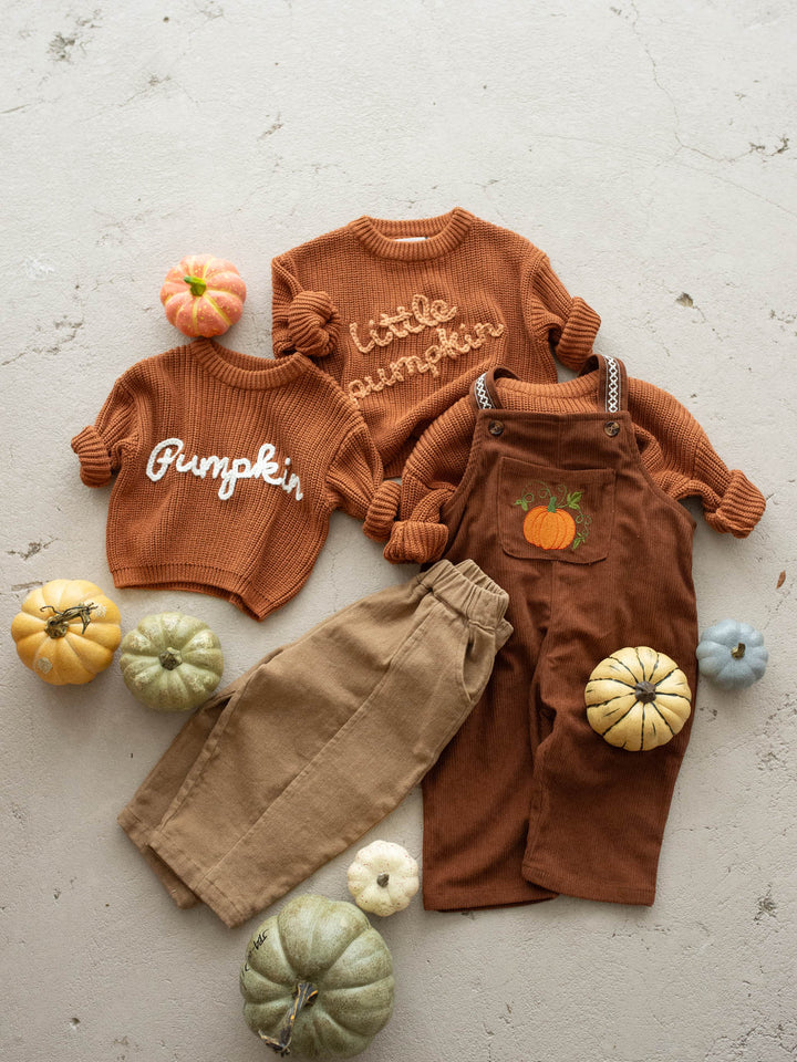 Pumpkin Patch rust cotton corduroy overalls with pumpkin and vine embroidery - Before & Ever Kids