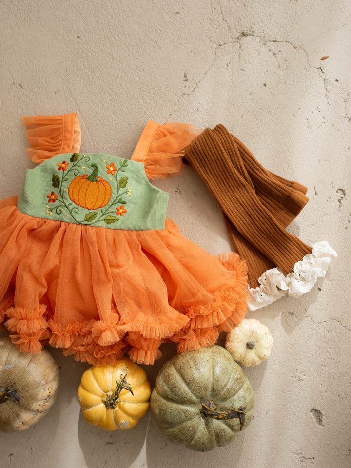 Pumpkin Posy sage tulle pumpkin dress with cotton bodice - Before & Ever Kids
