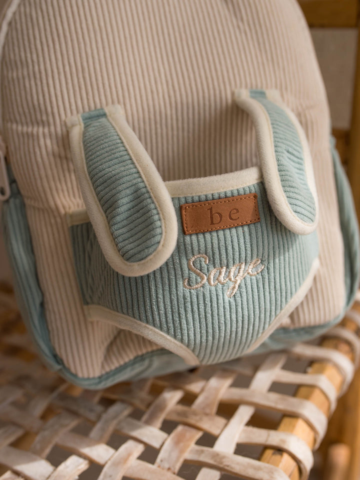 Sage the Horse personalised plush backpack for kids, close up of the corduroy front panel - Before & Ever Kids