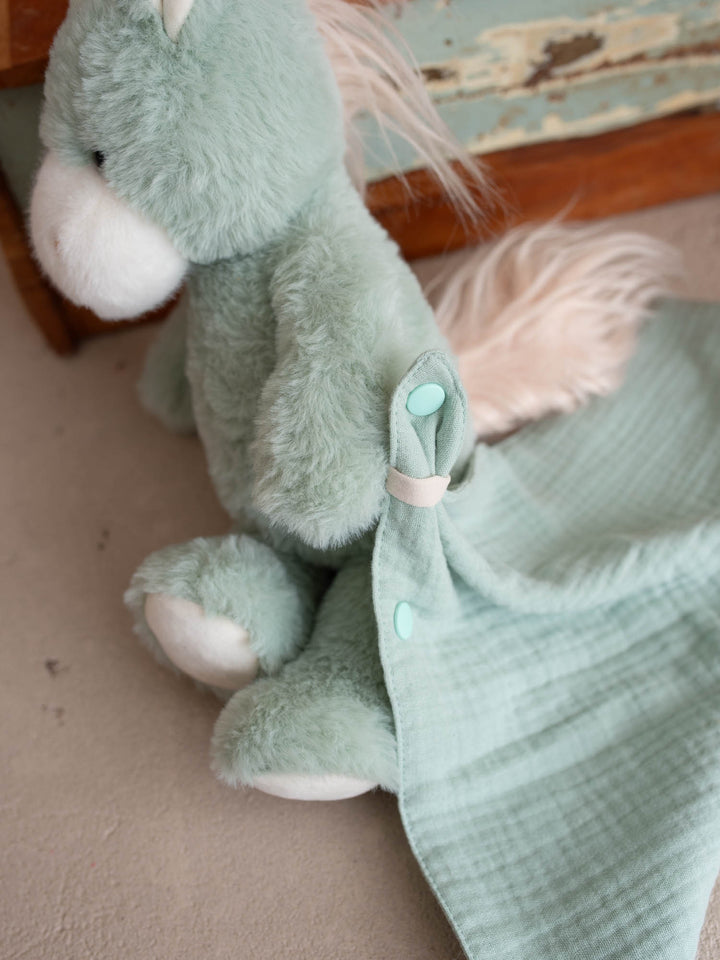Sage the Horse personalised Little BFF Companion Backpack, close up of the plush and the matching comforter