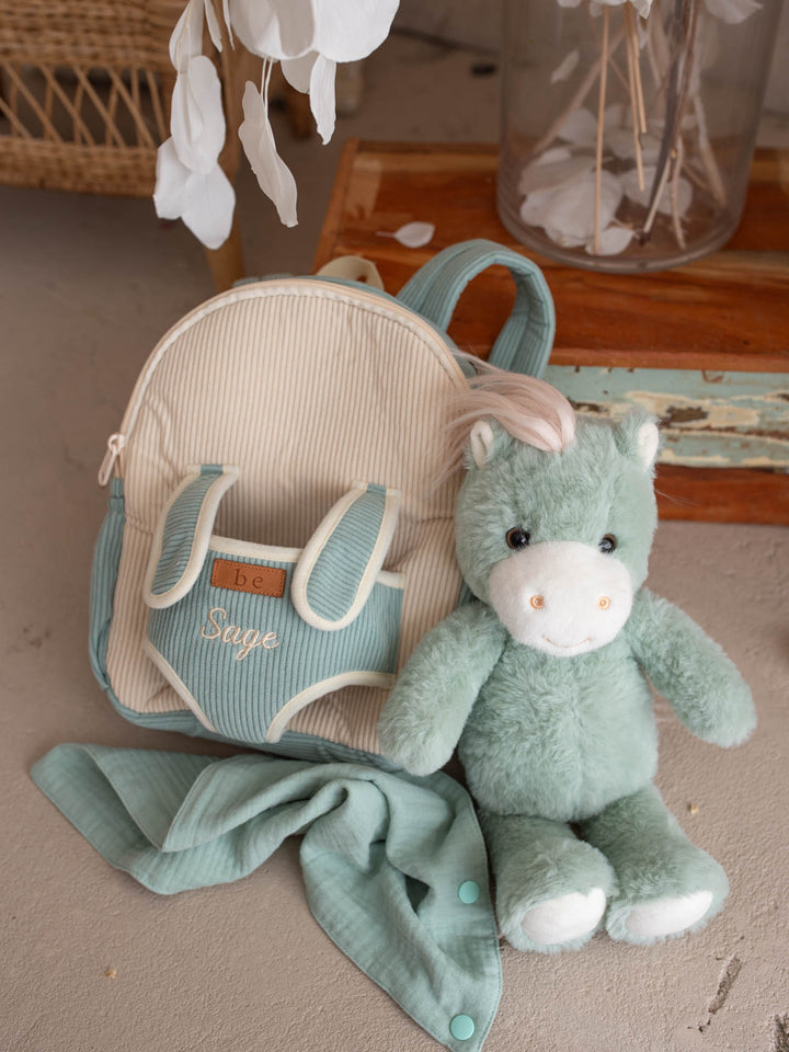 Sage the Horse personalised Little BFF Companion Backpack, shown with the detachable plush and matching comforter