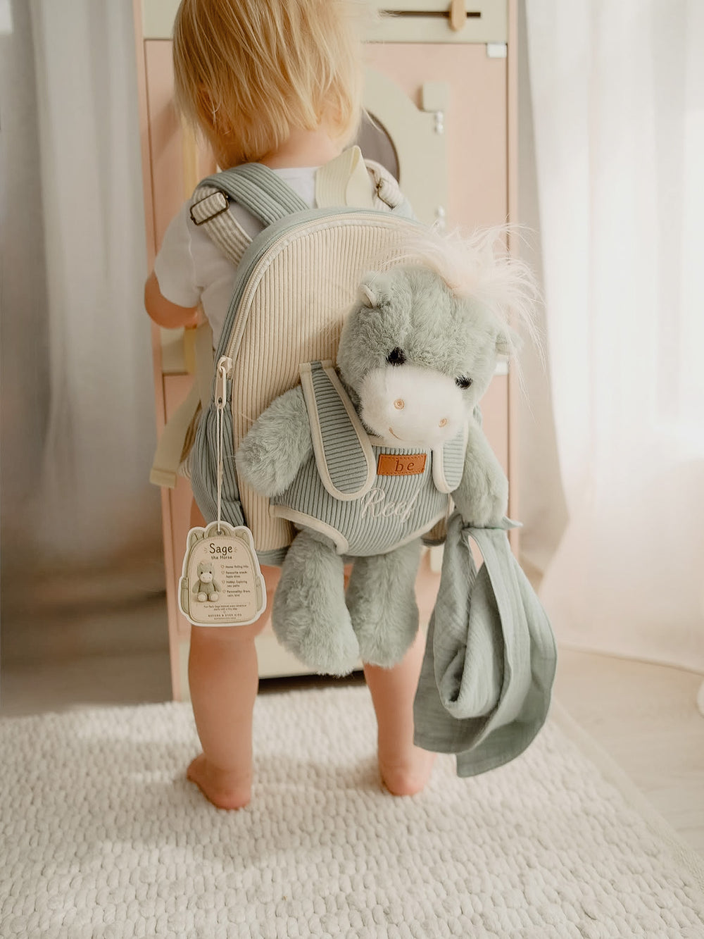 Sage the Horse personalised Little BFF Companion Backpack, back view on a toddler, embroidered name on the plush's corduroy overalls - Before & Ever Kids