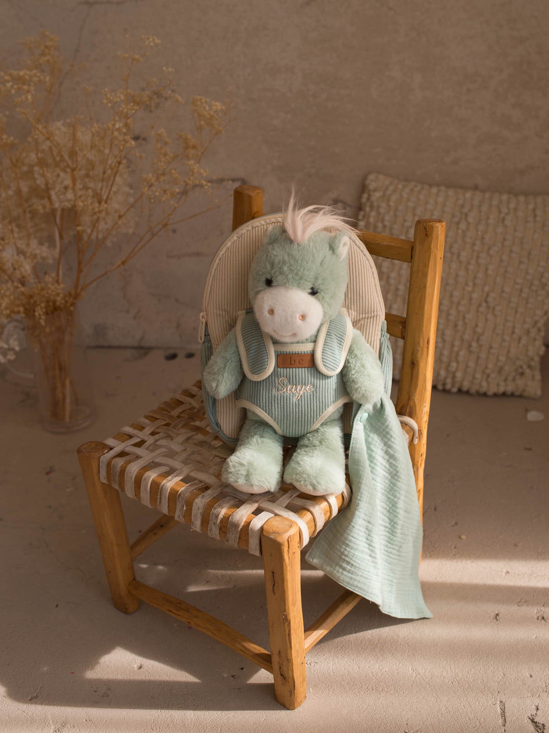 Sage the Horse personalised plush backpack for kids, horse with the detachable muslin comforter - Before & Ever Kids