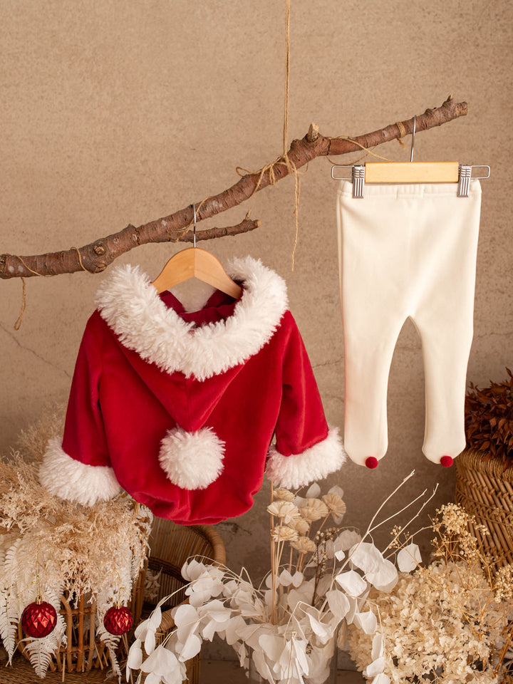 Santa Baby Romper hanging with cream tights, the complete baby Christmas outfit - Before & Ever Kids