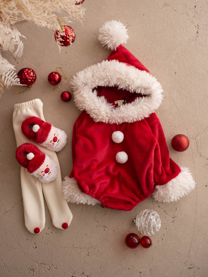 Santa Baby Slippers, Santa Baby Romper and cream tights laid out - Before & Ever Kids