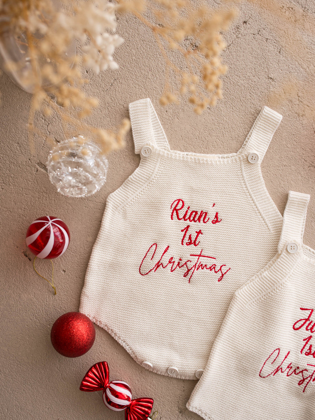 Say My Name Christmas Singlet Romper in milk cotton knit with a personalised name in red, two personalised rompers with candy decorations - Before & Ever Kids