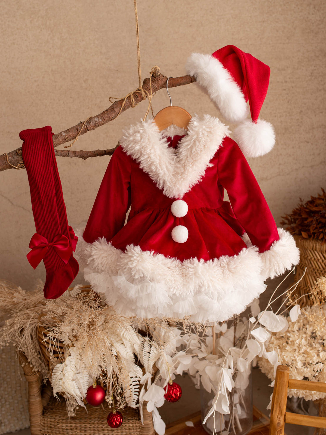 She Came to Sleigh red velvet Santa dress with red knit socks and a Santa hat - Before & Ever Kids
