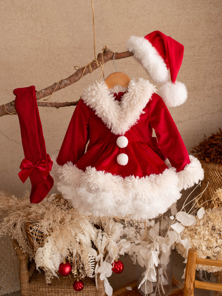 She Came to Sleigh red velvet Santa dress with red knit socks and a Santa hat - Before & Ever Kids