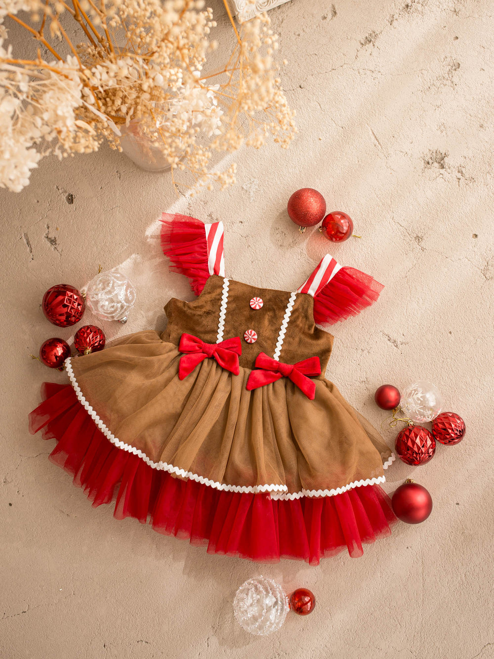 Sugar & Spice brown and red front view, gingerbread brown velvet bodice with peppermint buttons over caramel and red tulle - Before & Ever Kids