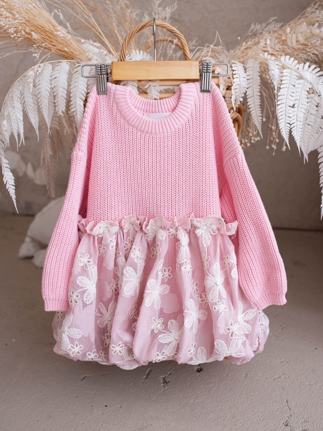 Where Winter Blooms baby pink floral knit sweater with bubble hem - Before & Ever Kids