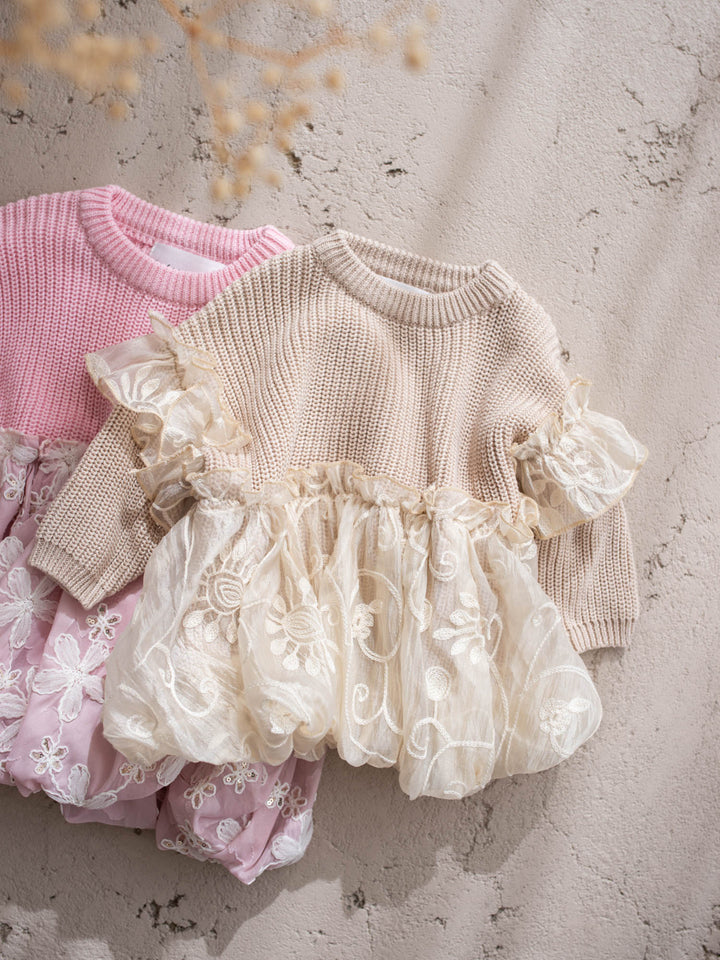 Where Winter Blooms baby pink floral knit sweater with bubble hem - Before & Ever Kids