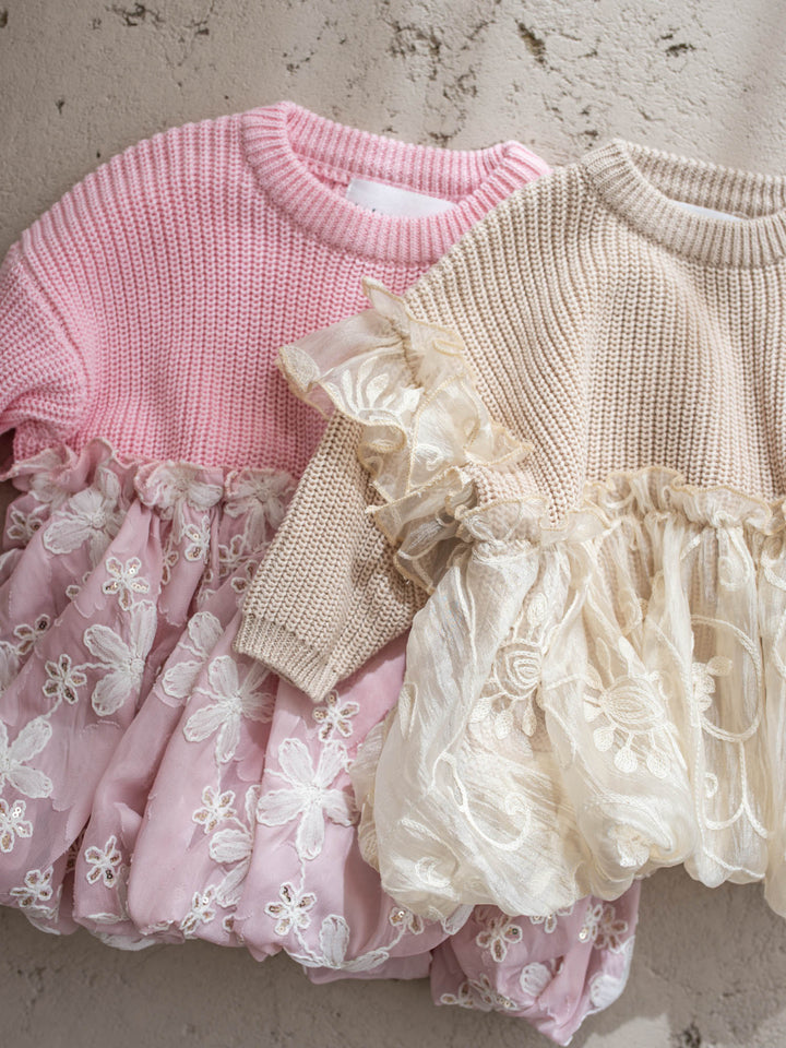 Where Winter Blooms baby pink floral knit sweater with bubble hem - Before & Ever Kids