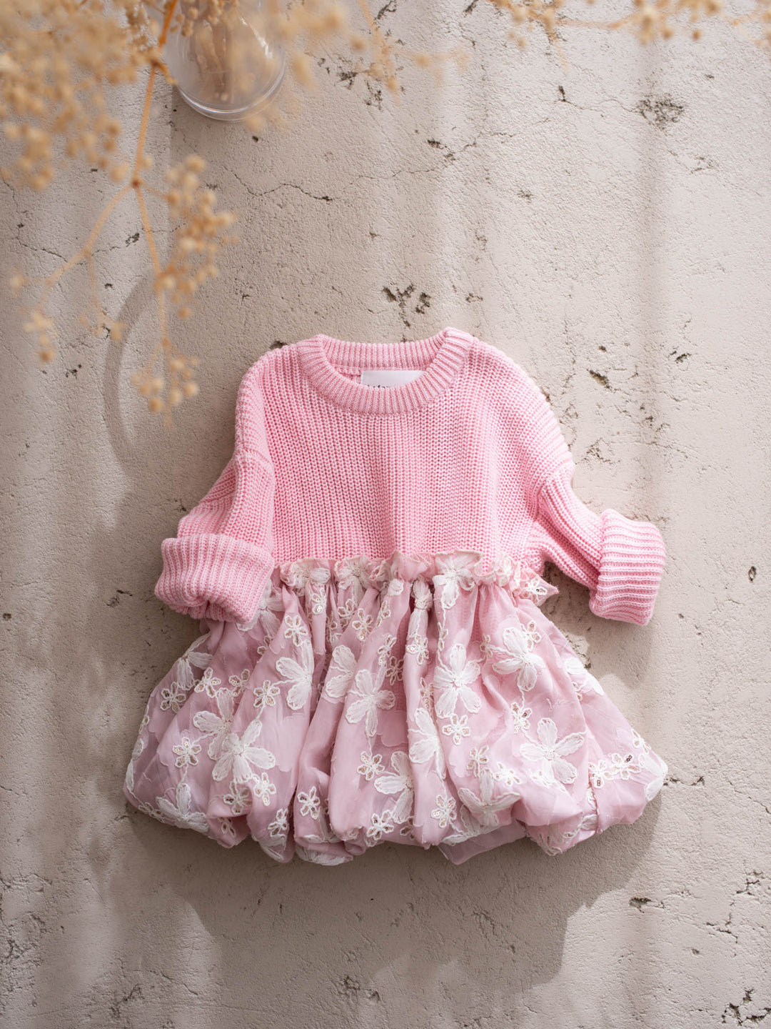Where Winter Blooms baby pink floral knit sweater with bubble hem - Before & Ever Kids