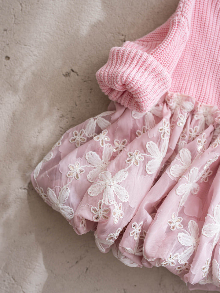 Where Winter Blooms baby pink floral knit sweater with bubble hem - Before & Ever Kids