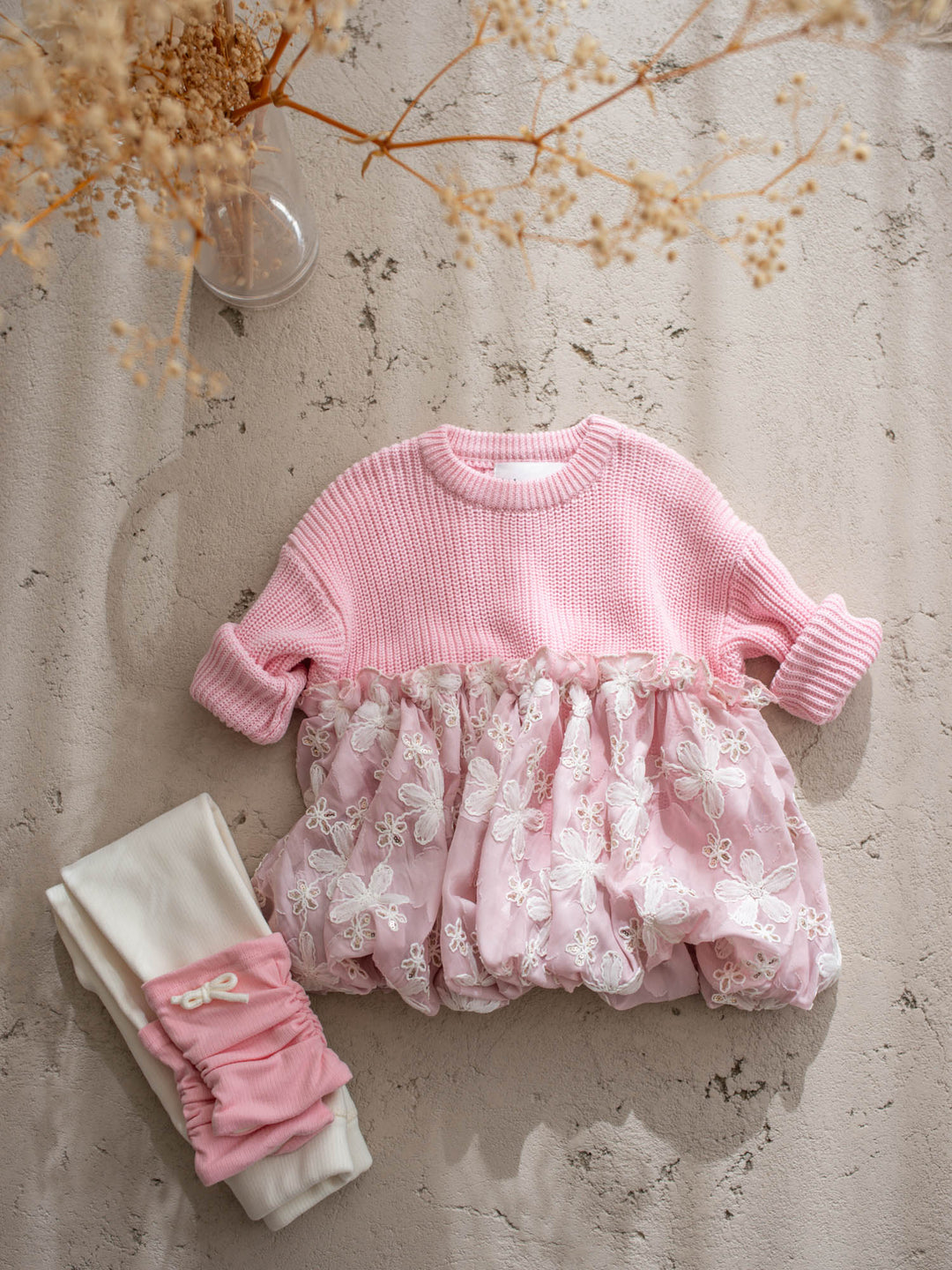 Where Winter Blooms baby pink floral knit sweater with bubble hem - Before & Ever Kids