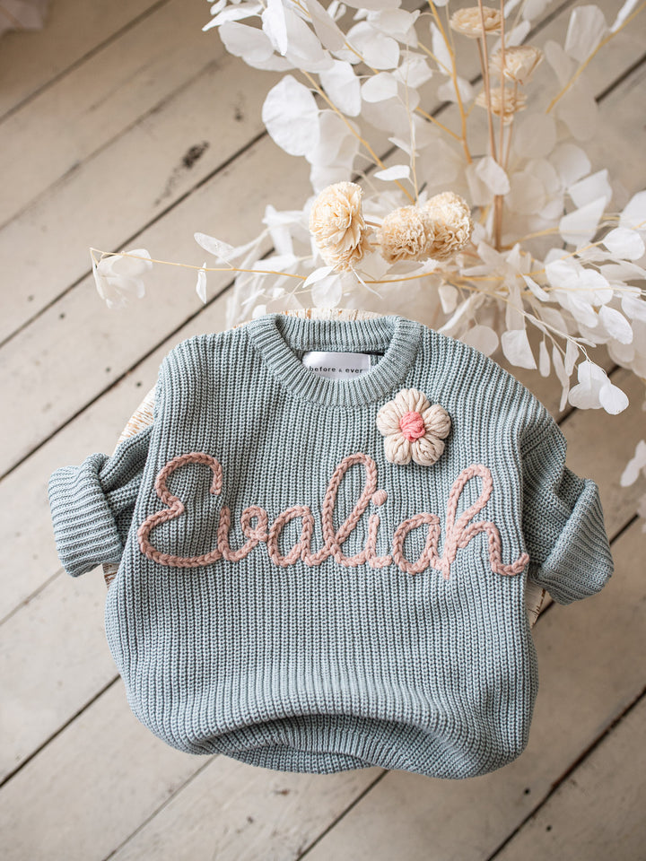 Written in Thread Sweater with Flower - Ash Blue