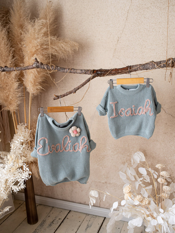 Written in Thread Sweater with Flower - Ash Blue
