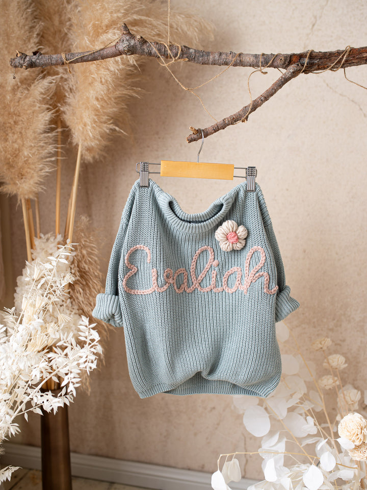 Written in Thread Sweater with Flower - Ash Blue