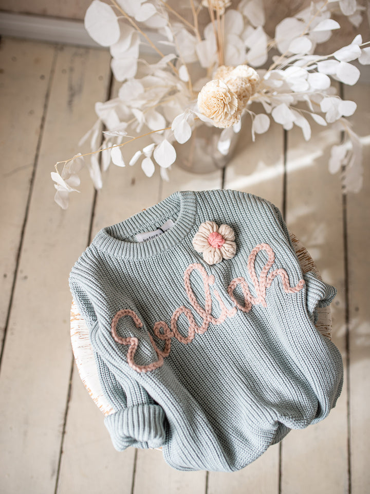 Written in Thread Sweater with Flower - Ash Blue